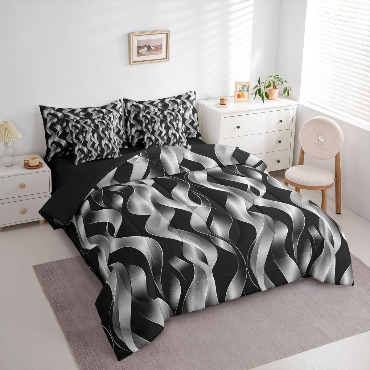 jejeloiu Modern Abstract Geometric Comforter Set with Sheets 7 Piece Full Size Geometric Spiral Pattern Bed in a Bag Kids Boys Girls Black Bedding Set Bedroom Decor Breathable Microfiber
