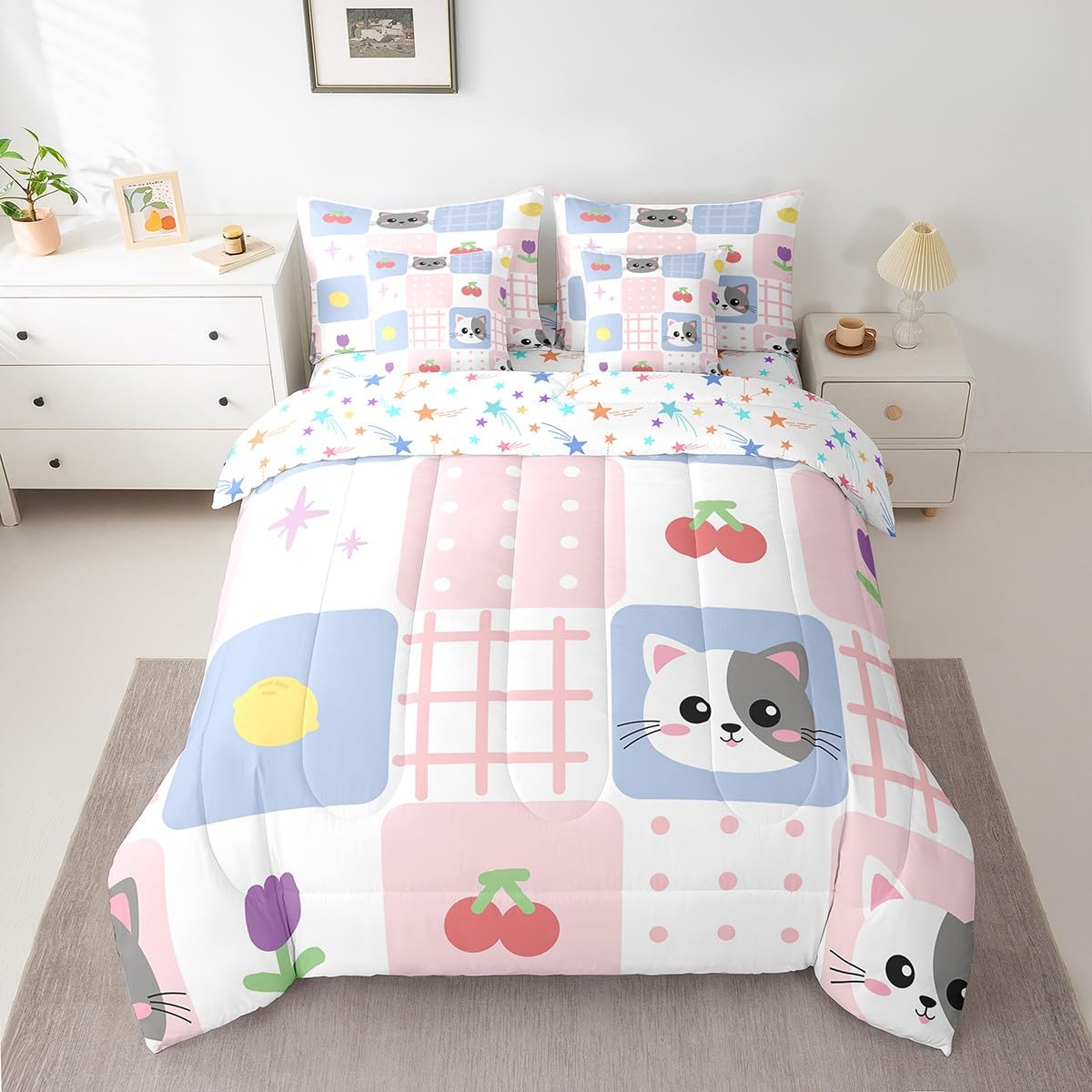 Feelyou Cute Cat 7 Piece Bedding Set Queen Size Pink Blue Geometric Comforter Set with Sheets for Kids Boys Girls Teens Cherry Lemon Bed in a Bag Cartoon Design Bed Set