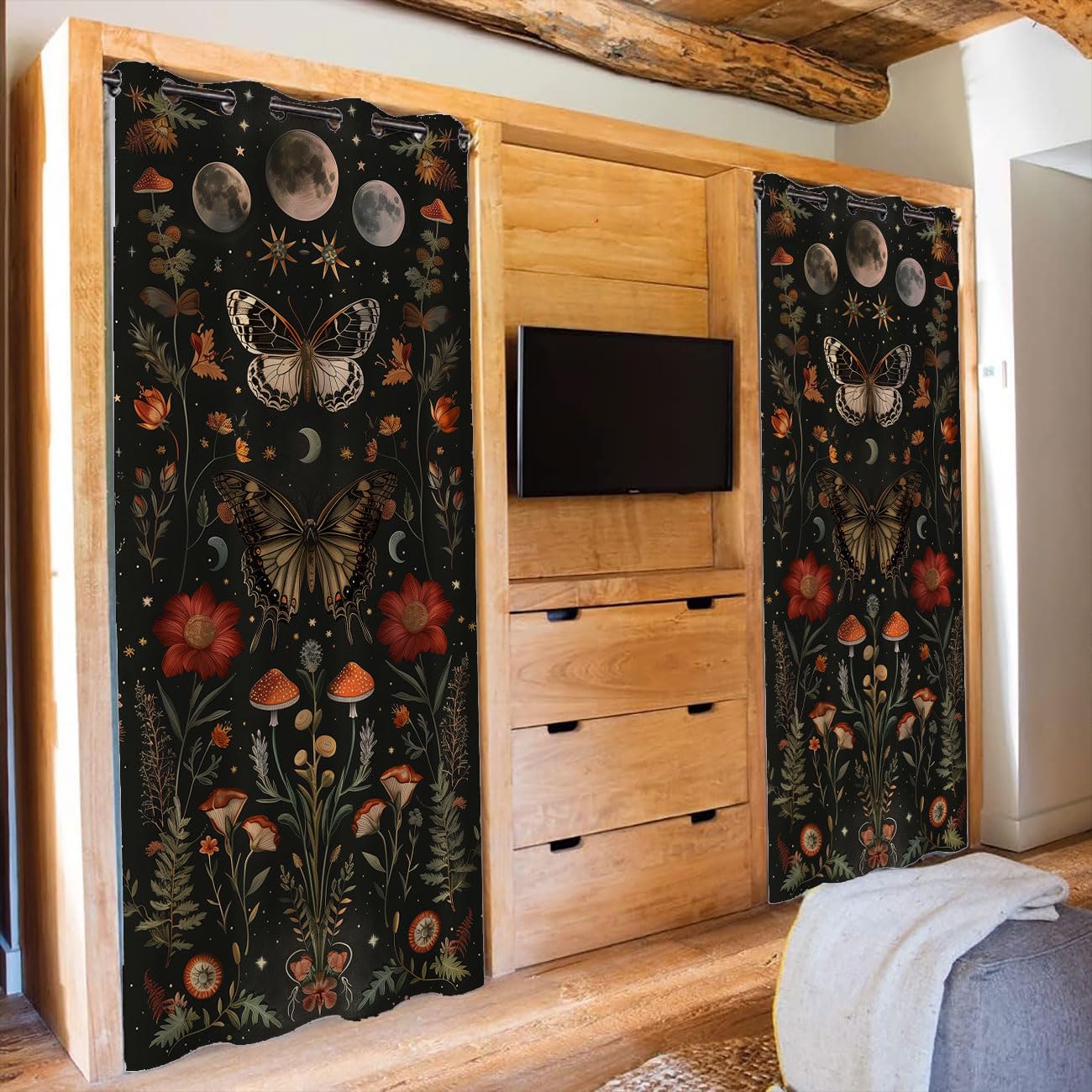 Fangpamz Moth Butterfly Door Curtain for Doorway, Mushroom Moon Phase Boho Flowers Closet Door Cover, 1 Panel 34" W x 80" L