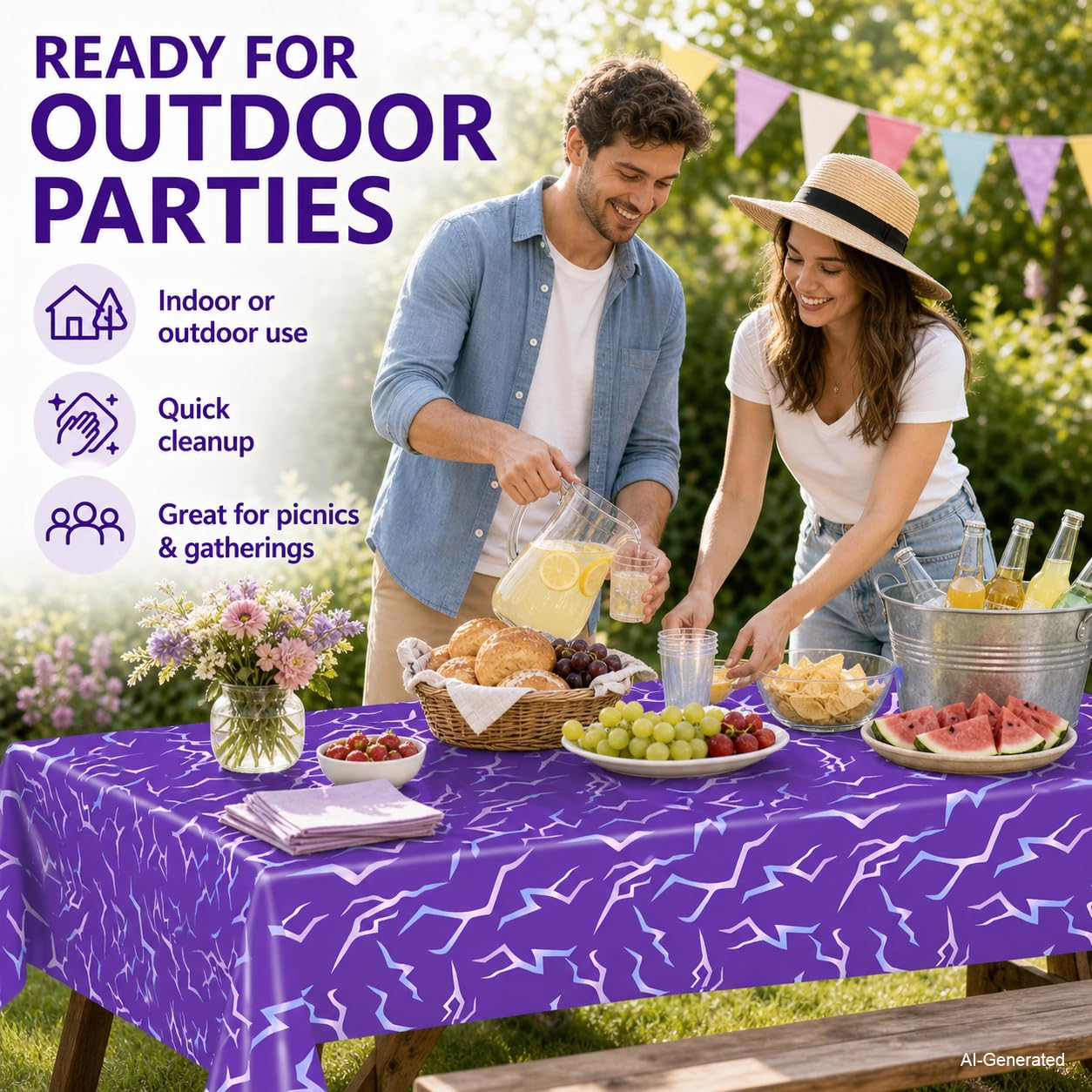 ANLLECR 3Pcs 54 x 108 Inch Purple Demon Lightning Theme Disposable Tablecloth, Waterproof Plastic Table Cover for Birthday Party, Music Themed Party, Halloween & Event Decorations