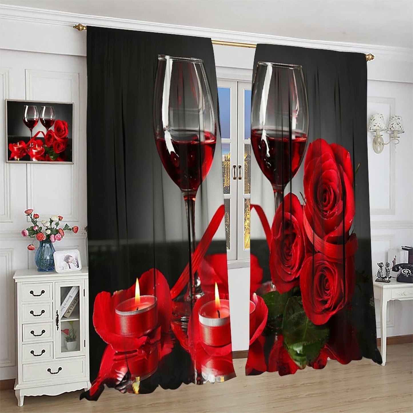 Wines Blackout Window Curtains Candle Red Roses and Red Wine Female Romantic Art Thermal Insulated Darkening for Living Room Bedroom Children's Room Decor Set 2 Panels,42x45 Inches