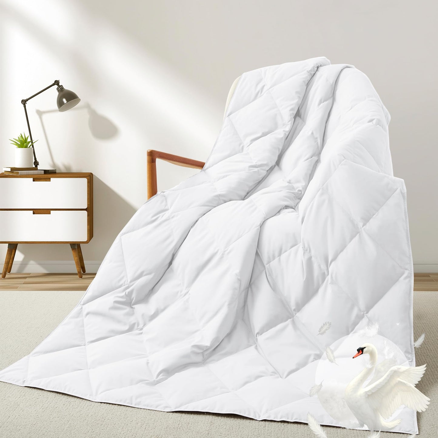 Deodar Natural Down Fiber Throw Blanket Couch, Sofa Down Fiber Blanket Throws Outdoor Lightweight Peach Skin Fabric, 50"X70", White
