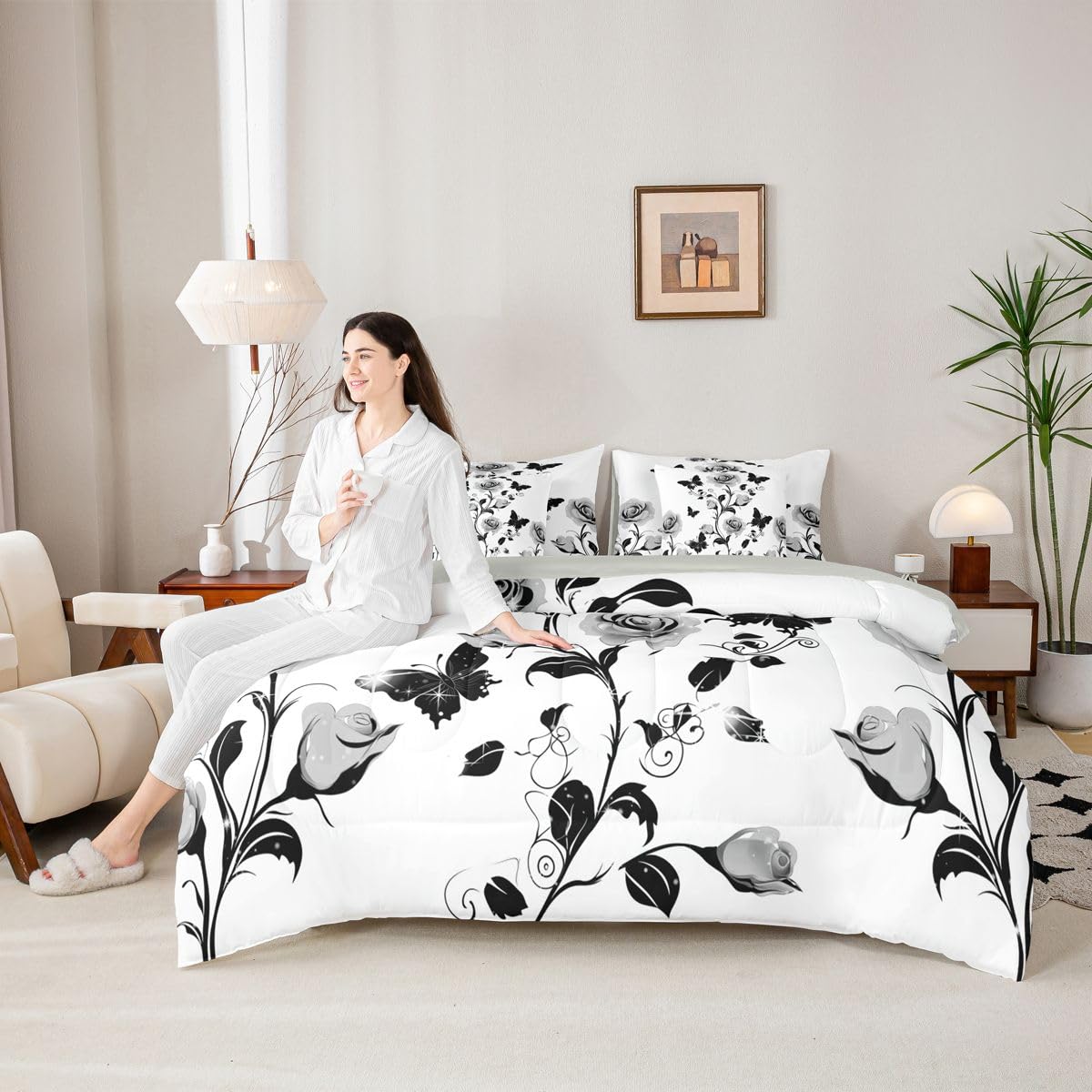 Erosebridal Rose Comforter Sets with Sheets - Romantic Roses Bedding Set Full for Boys Girls Flower Pattern 7Pcs Bed in A Bag Watercolor Silver Grey Bed Set