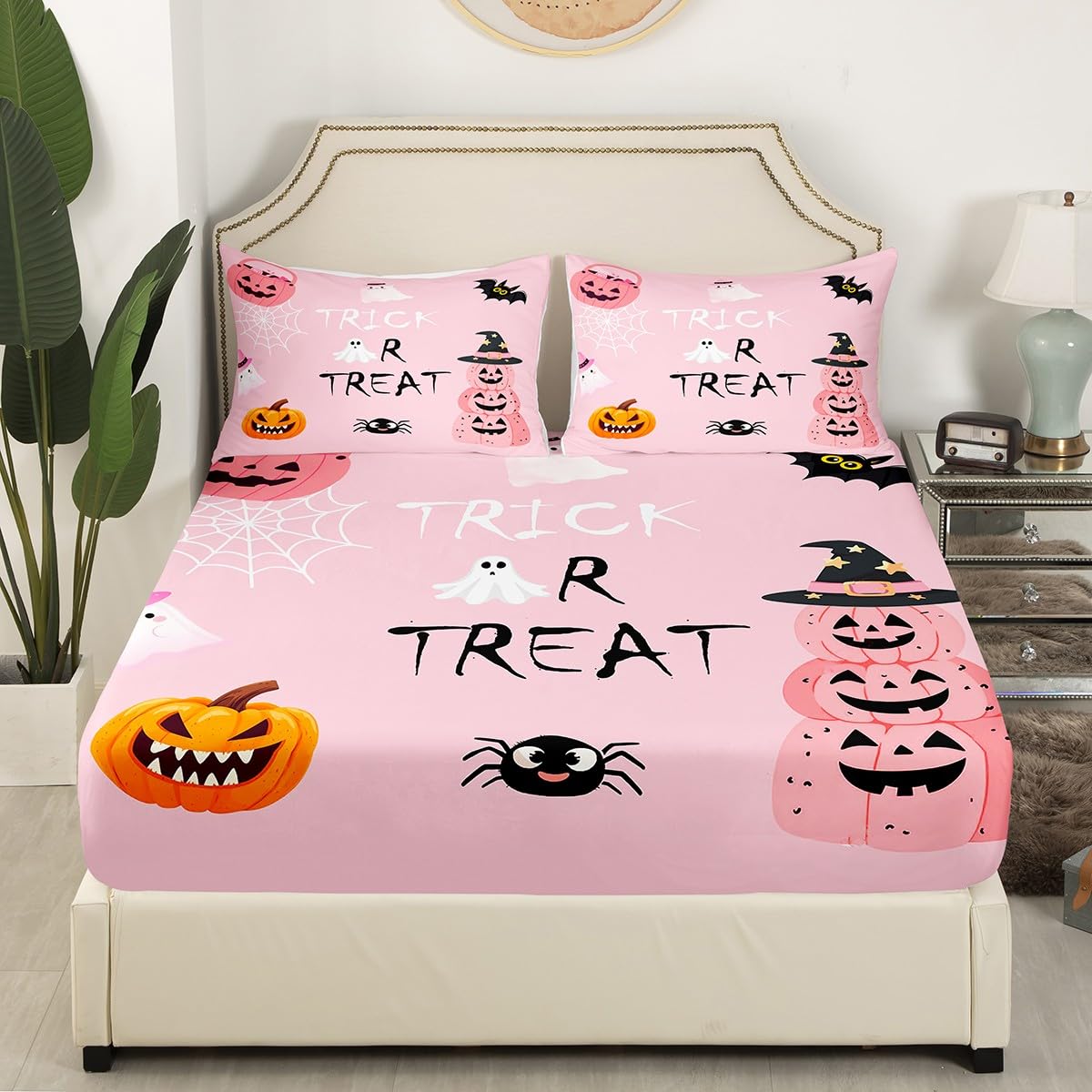 Cute Ghost Spider Web Pumpkin Fitted Sheet Queen Size,Kids Cartoon Style Soft Bed Cover(1 Fitted Sheet+1 Pillow Case),Pink Halloween Breathable Mattress Cover