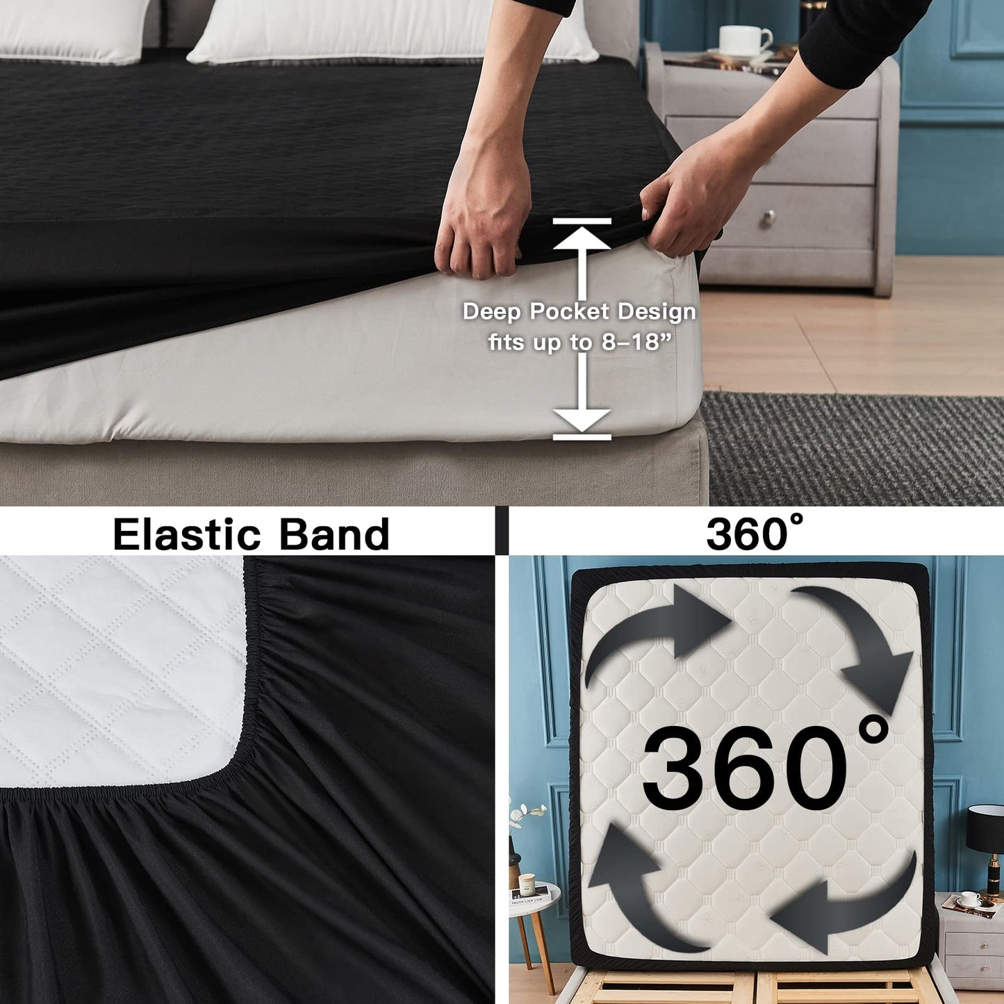 Mecerock Twin Mattress Protector Waterproof, Quilted Fitted, 18 Inches Deep Pocket, Black