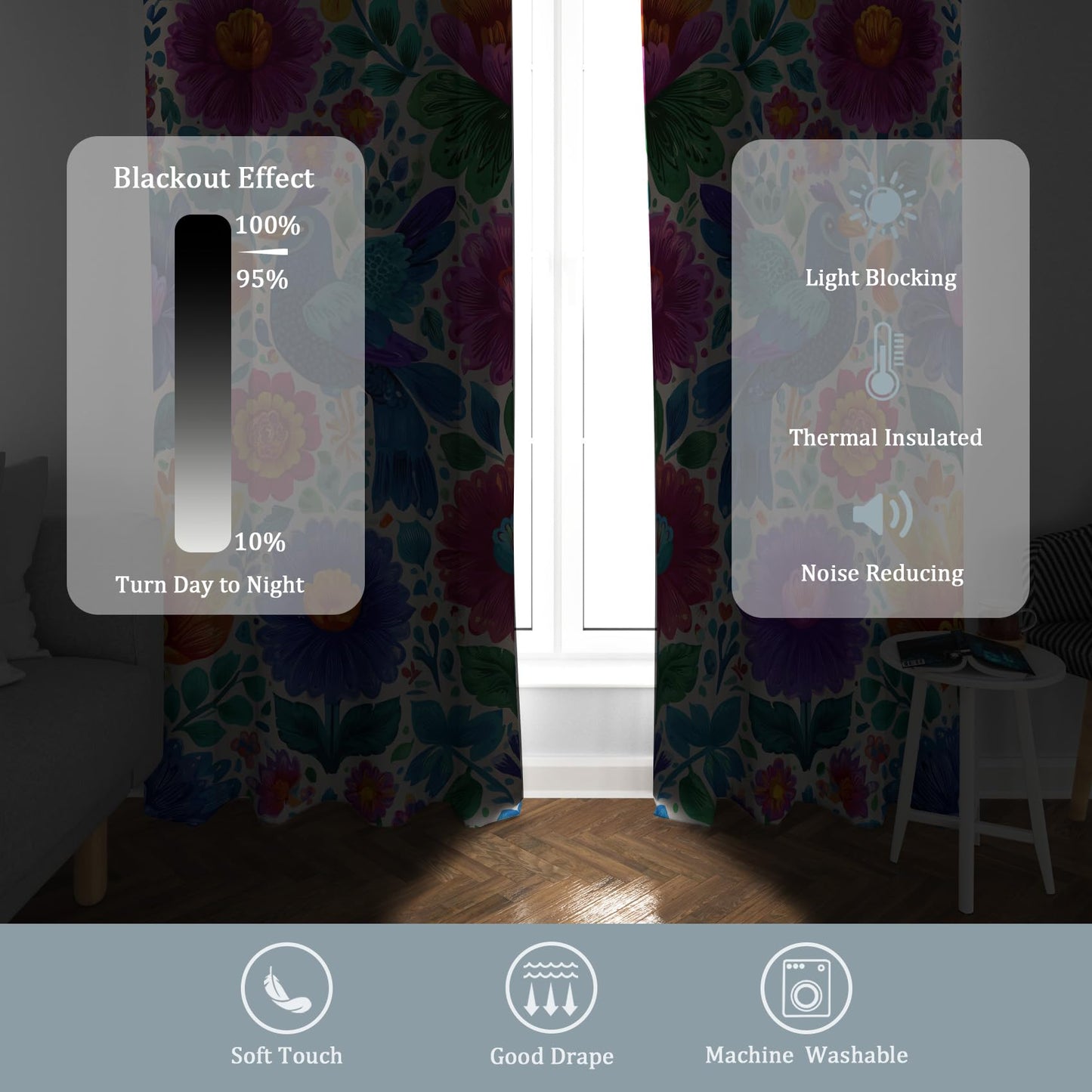 Mexican Floral Bird Bedroom Curtains 39 Inch - Colourful Folk Flower Printed Living Room Curtains, Mexican Floral Bird Home Decor Blackout Window Drapes with Grommet, 2 Panels Set - HL2547