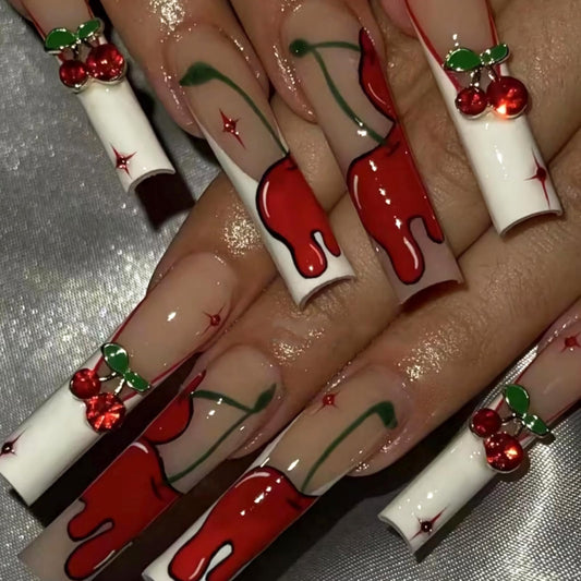 MISUD Press on Nails - Extra Long Square Glue on Nails with White French Tip, Acrylic Cherry Rhinestone Design 24 pcs