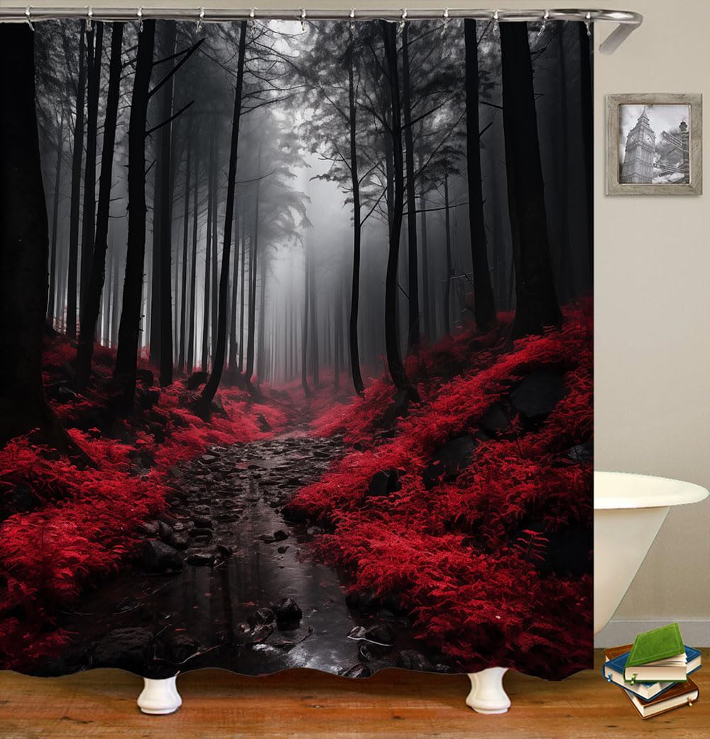 KEYAO DECOR Red Forest Shower Curtains Set, Black Mystic Foggy Fall Trees