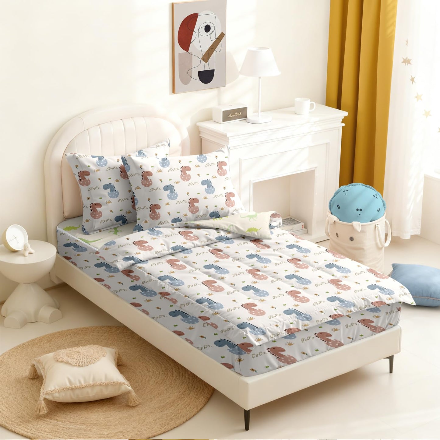 Yadangxiawa Kids Comforter Set,Zipper Bedding Twin for Boys,Dinosaur Printed Comforter Set with Cartoon Dinosaurs Fitted Sheets and Pillowcases for All Season(Dinosaur-B)