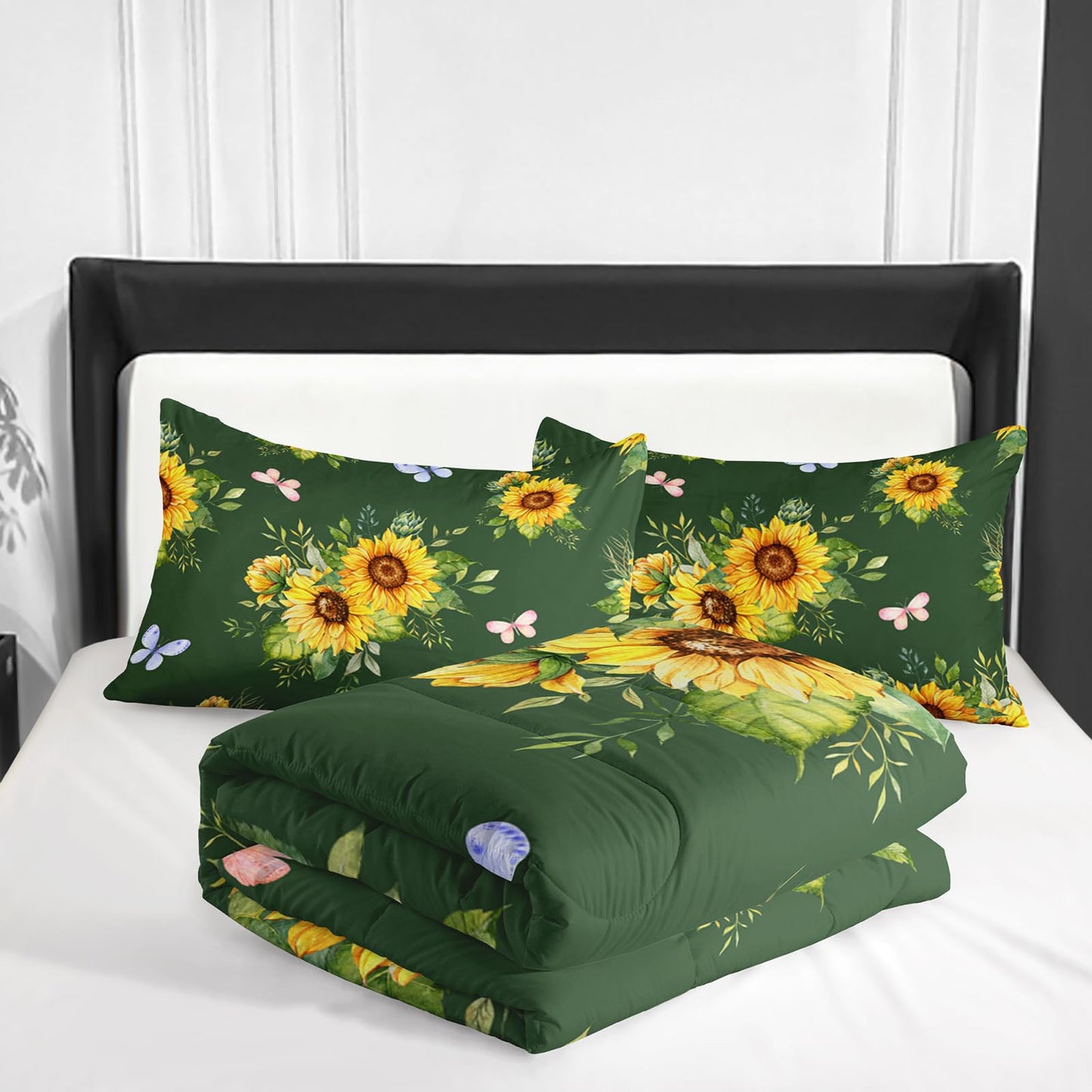 Nttopship 3 Piece Green Sunflower Comforter Sets Full Size, Farmhouse Floral Bedding Set for Girls Boys Adults,3 Piece Bed in A Bag, Ultra Soft Microfiber All Season Yellow Flower Bedding Set