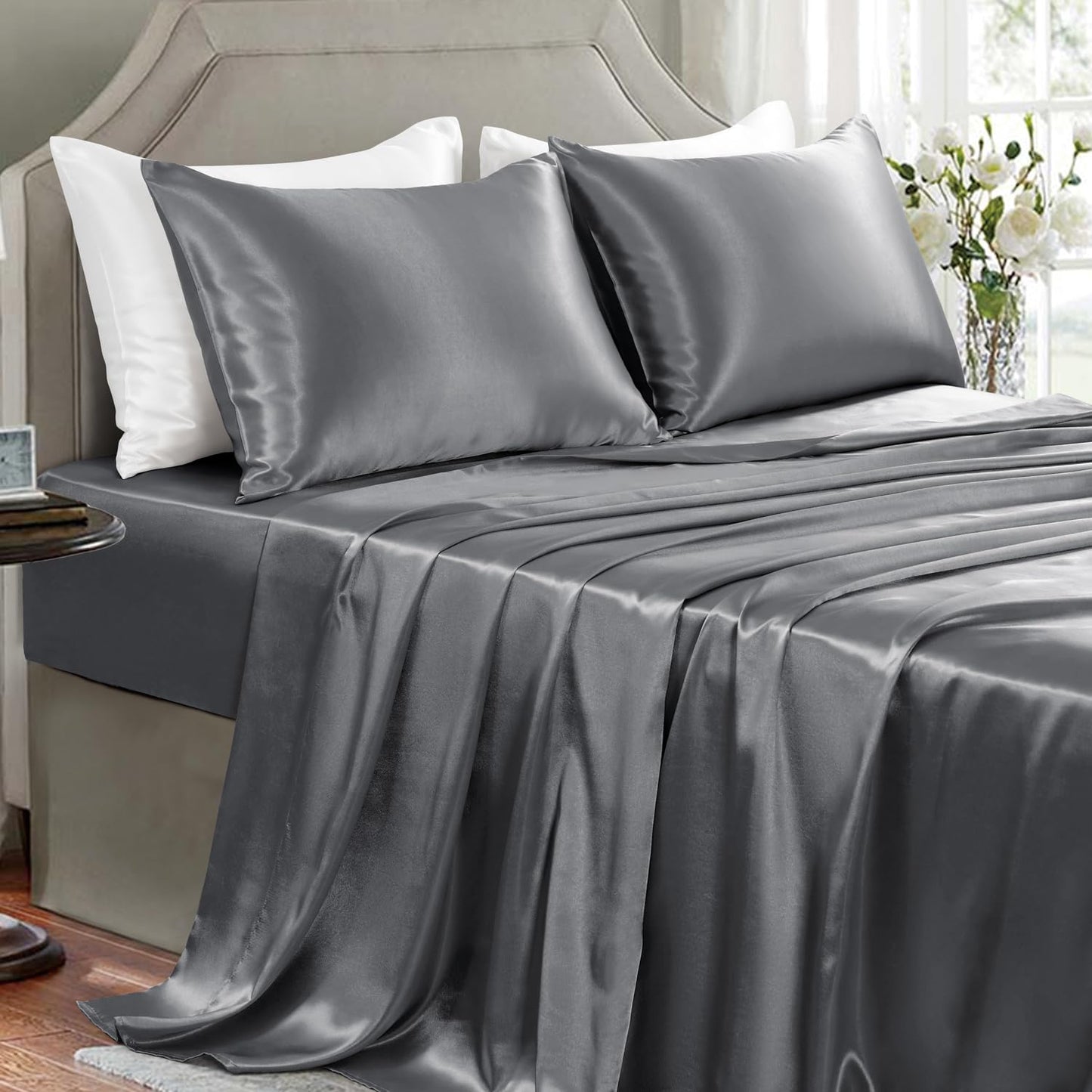 GOLAL Satin Sheets Full Size - 4 Pieces Luxury Silky Soft Bed Sheets, Wrinkle-Free Dark Grey Satin Silk Sheet Set with 1 Deep Pocket Fitted Sheet, 1 Flat Sheet, 2 Pillow Cases
