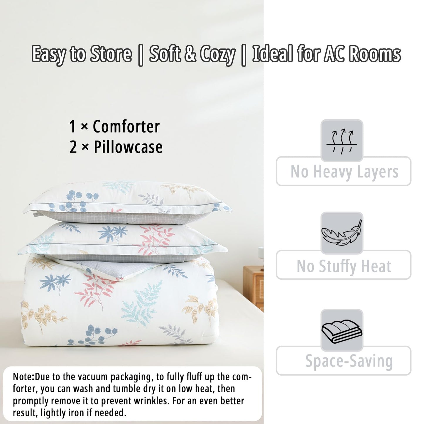 LEMIROE Farmhouse Cotton Comforter King Size 3Pcs -Charming Pastel Leaf Print on Cream Base, Gray Grid Back, Reversible Lightweight Bedding Sets with Soft Fill(King, 104"×90")