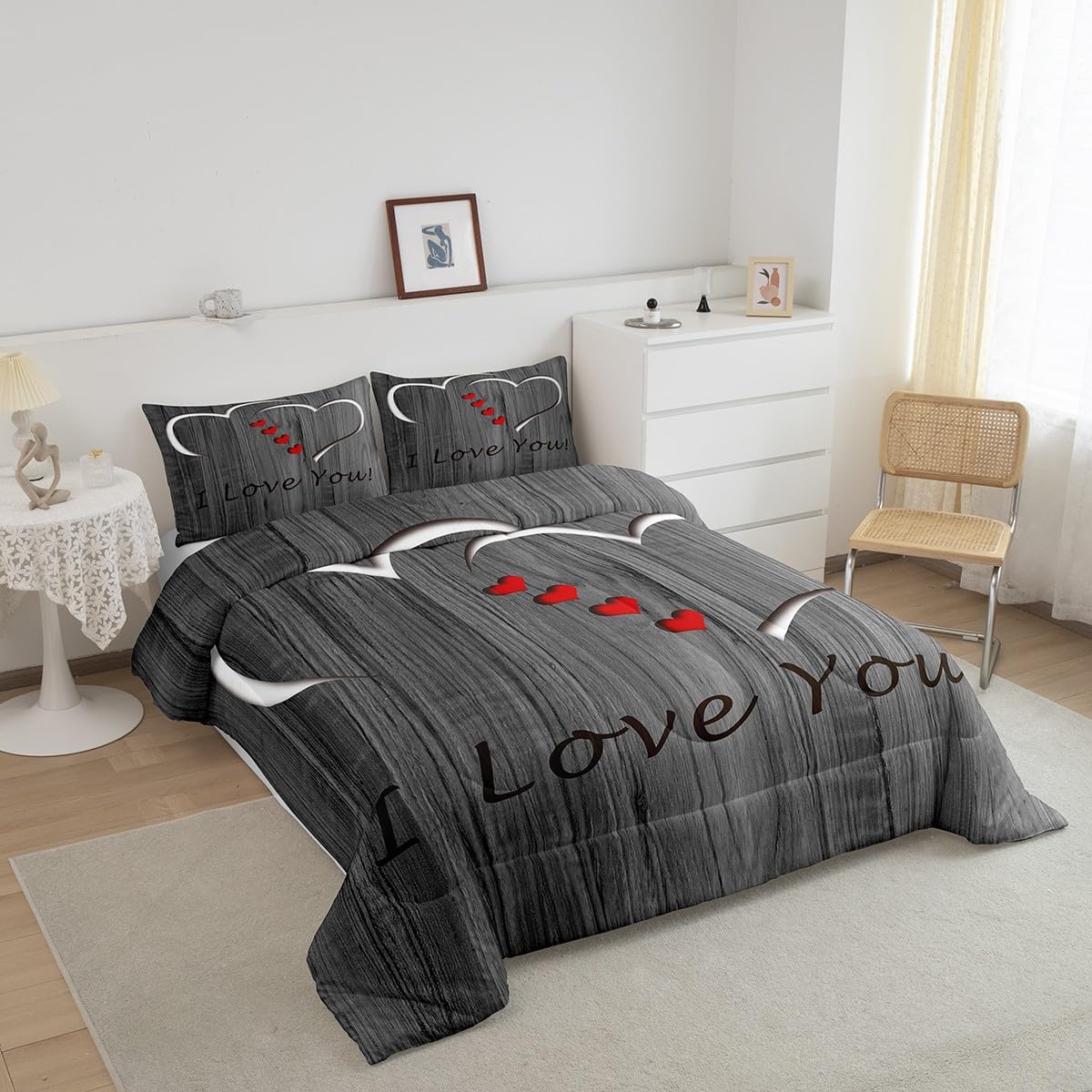 Erosebridal I Love You Bedding Queen,Simple Wooden Comforter Set,Romantic Valentine Gifts Down Comforter,Love Hearts Bedding Comforter Sets
