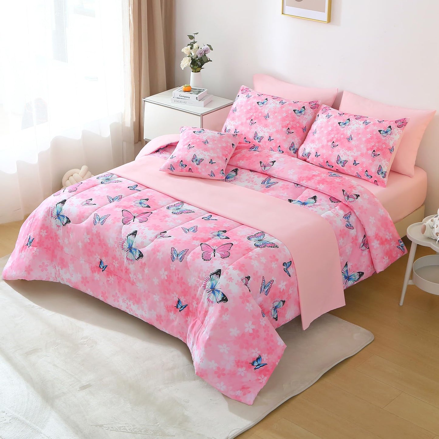 JQinHome 6 Piece Butterfly Comforter Set Twin, 3D Pink Flower Printed Bedding Set, All Season Microfiber Butterfly Theme Home Decor Bedding for Girls with Sheet Sets (Pink)