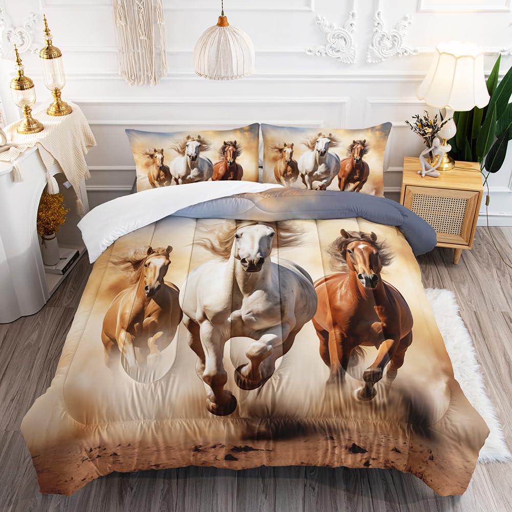 XYNHML Kid Galloping Horse Comforter Set Twin Animal Theme Handsome Horse Bedding Set Wild Animal Grey Sky Sand Decor Quilt Bed Set for Boys Girls Adult, 1 Comforter + 2 Pillowcases