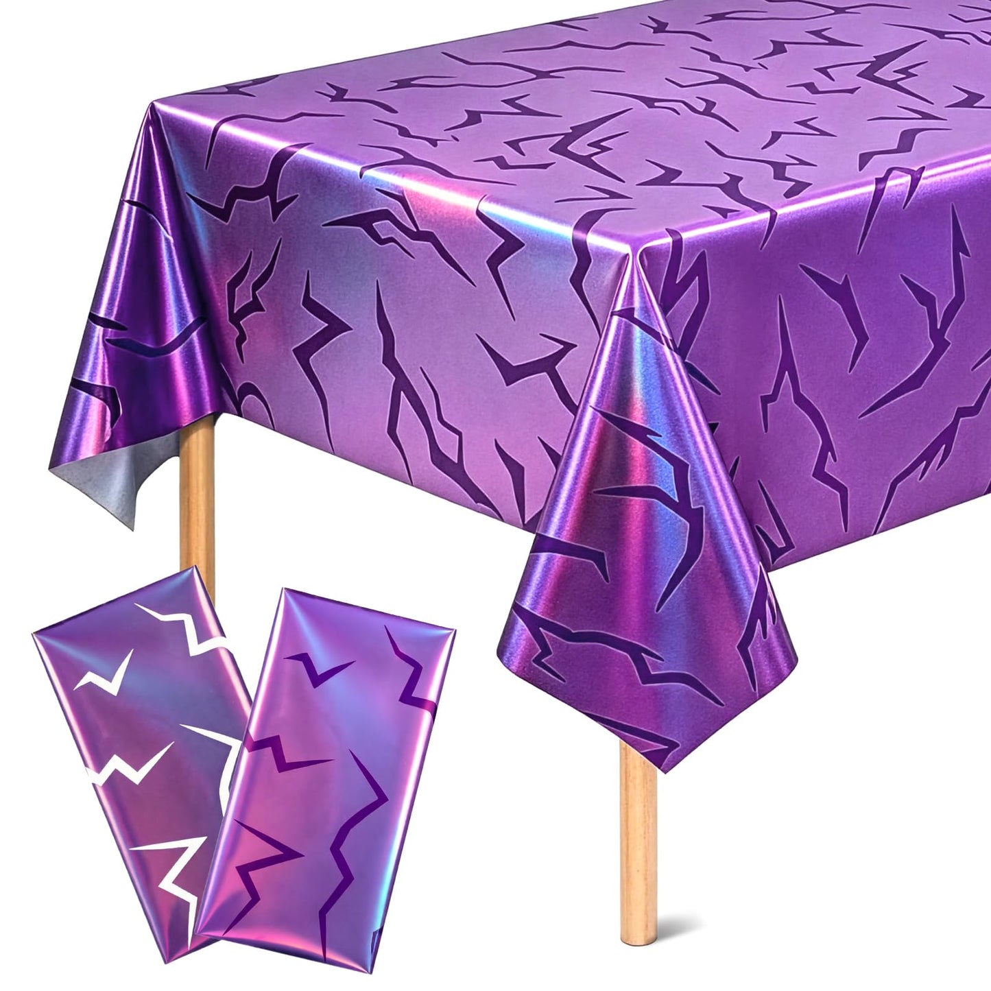 2 Pack Iridescent Holographic Laser Tablecloths, Purple Lightning Demon Energy Table Covers, Disposable Waterproof Birthday Plastic Table Covers for Girls Korean Idol Themed Disco Bachelorette Party