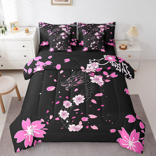 Erosebridal Pink Cherry Blossom Twin Comforter Set 7 Piece Magical Dragon Bedding Set Fantasy Animal Bed in A Bag Black Simple Sheet Set with Comforter for Kids Boys Girls