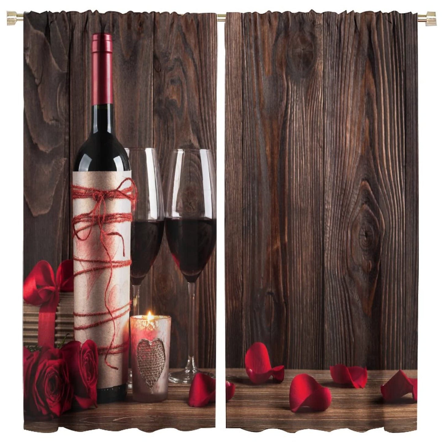 Red Rose and Wine Blackout Curtains, Red Wine Glass and Rose on Old Rustic Wood Window Drapes Rod Pocket Curtains, for Kitchen Living Room Bedroom 42x45in 2 Panels