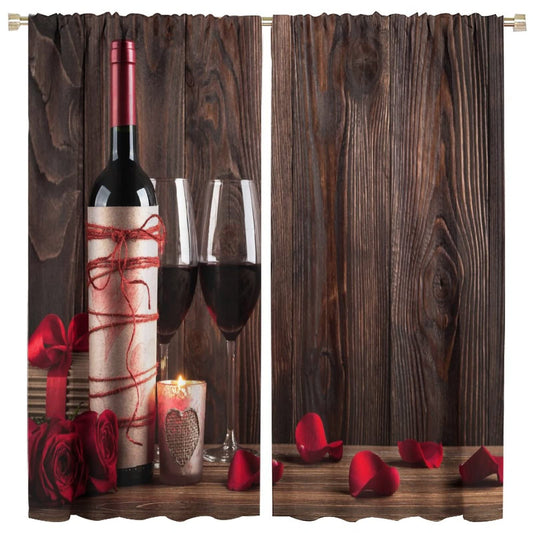 Red Rose and Wine Blackout Curtains, Red Wine Glass and Rose on Old Rustic Wood Window Drapes Rod Pocket Curtains, for Kitchen Living Room Bedroom 42x45in 2 Panels