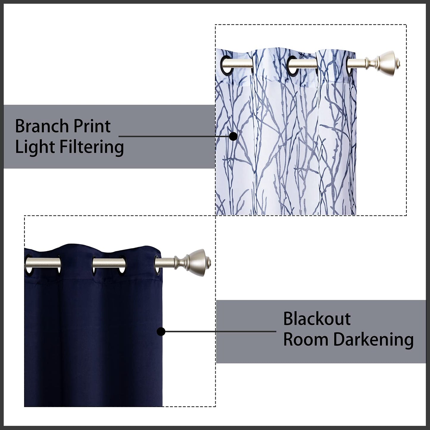 BONZER Mix and Match Curtains - 2 Pieces Branch Print Sheer Curtains and 2 Pieces Blackout Curtains for Bedroom Living Room Grommet Window Drapes, 54x108 Inch/Panel, Indigo, Set of 4 Panels