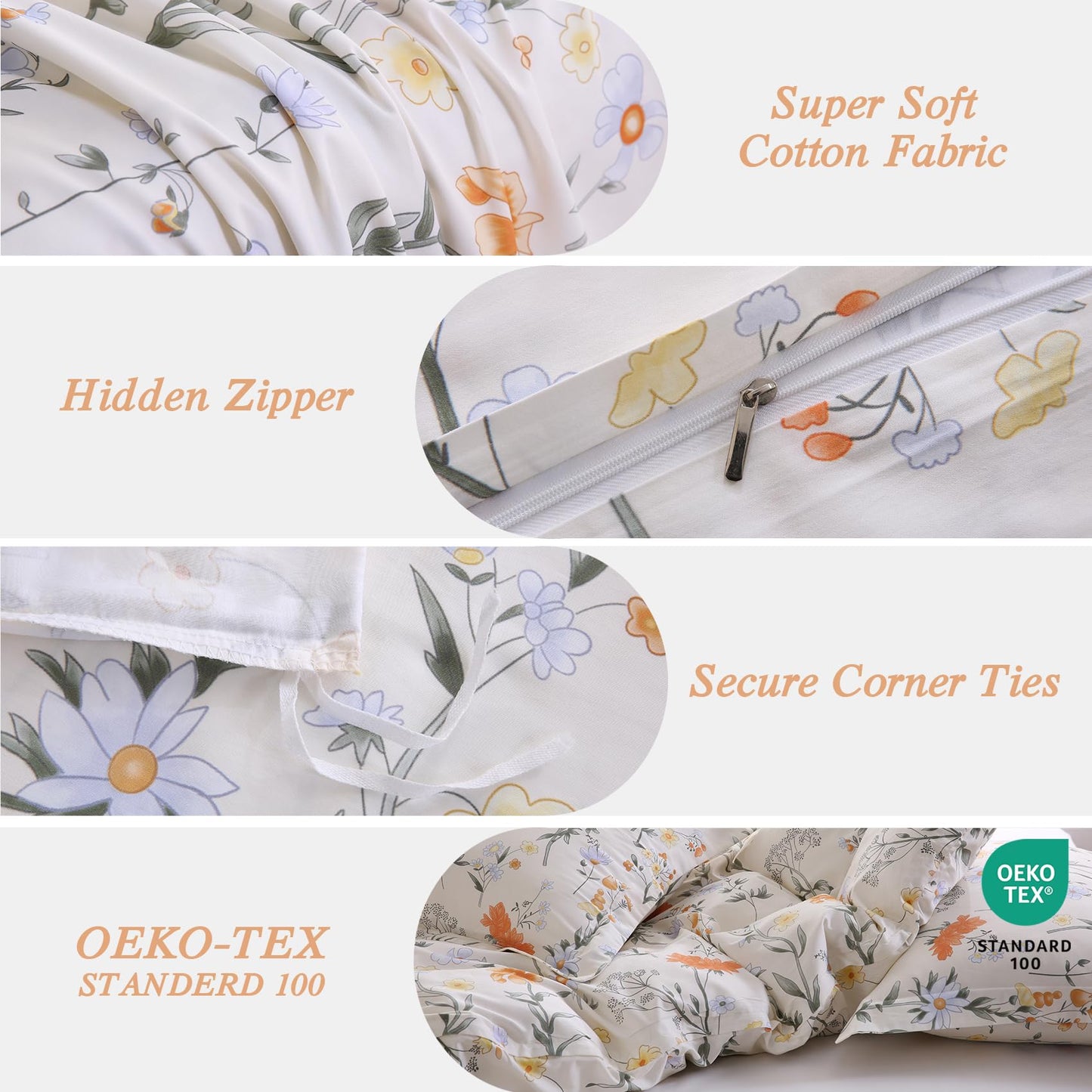 Ocharo Spring Floral 100% Cotton Duvet Cover King Size,Reversible Bedding Set with Yellow White Flowers,Soft Garden and Farmhouse Theme Duvet Bed Cover with 2 Pillow Cases(20"x36")