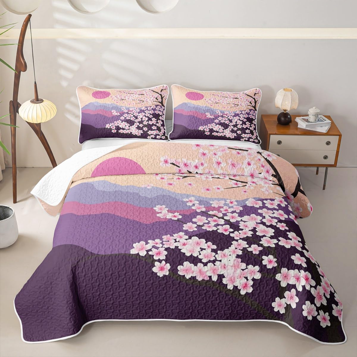 Erosebridal Cherry Blossoms Quilt Full Pink Flowers Quilt Set Japanese Style Quilted Bedspread Branches Plant Floral Bedding Coverlet