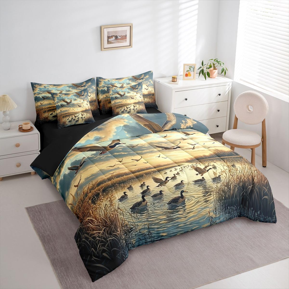 Erosebridal Sunrise 7 Piece Bedding Set Queen Wild Ducks Comforter Set with Sheets Reeds River Flying Mallards Clouds Bed in a Bag Trees Animals Print Landscape for Teens Men Women