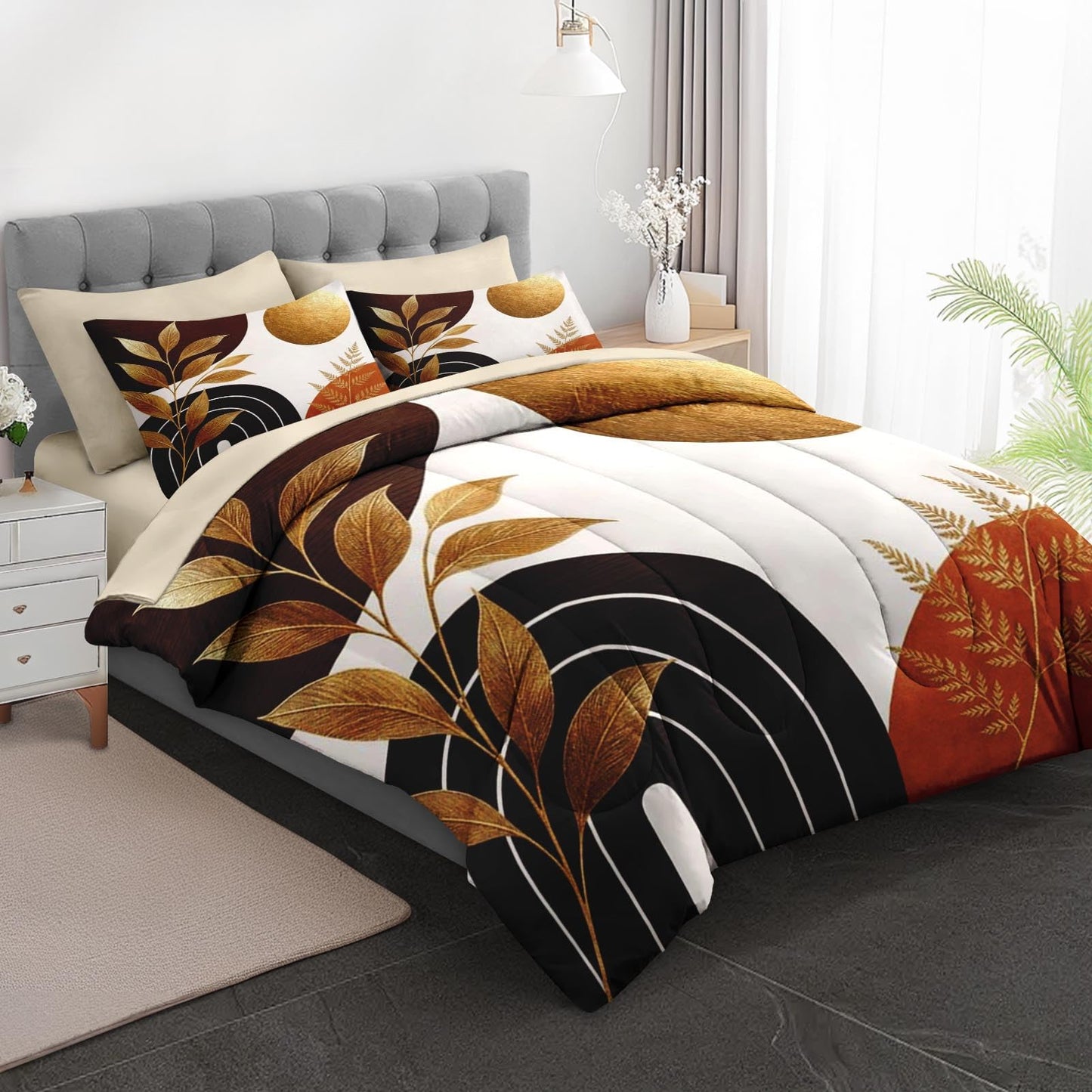 Boewywh Comforter Set Twin Size Boho Gold Abstract 7 Pcs, Bedding for Kids and Adults, Leaf Botanical Bed Sheet Sets with Fitted Sheet 2 Pillowcases & 2 Shams for Bedroom Bed Decor