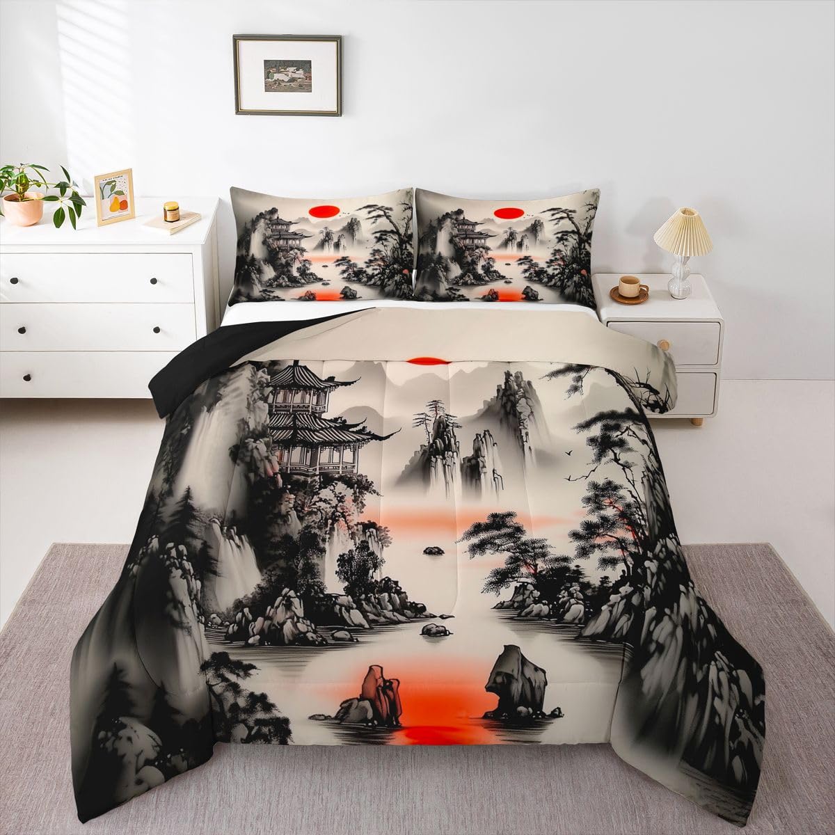 jejeloiu Chinese Ink Painting Bedding Set Soft for Boys Girls, Red Sun Comforter Set Queen Size Mountain Duvet Quilt Microfiber Japanese Style Bedroom Decor 3 Pcs with 2 Pillow Cases