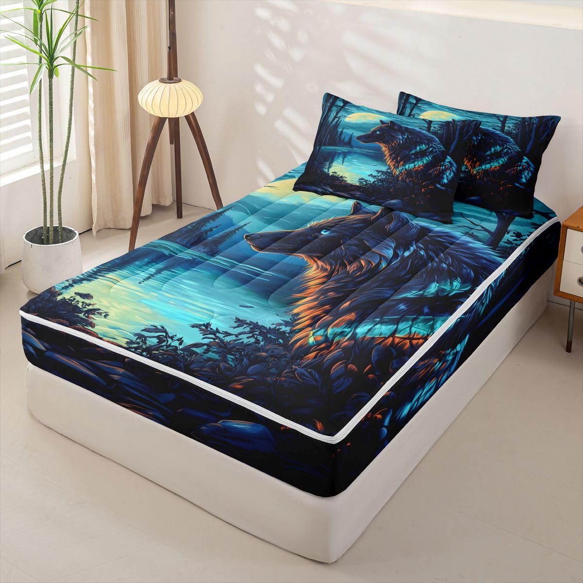 jejeloiu Wolf Moon Zipper Bedding for Kids Wolf Night Moon Twin Comforter Set with Fitted Sheet 2 Pillowcases Wildlife Bed in a Bag Soft Lightweight Microfiber
