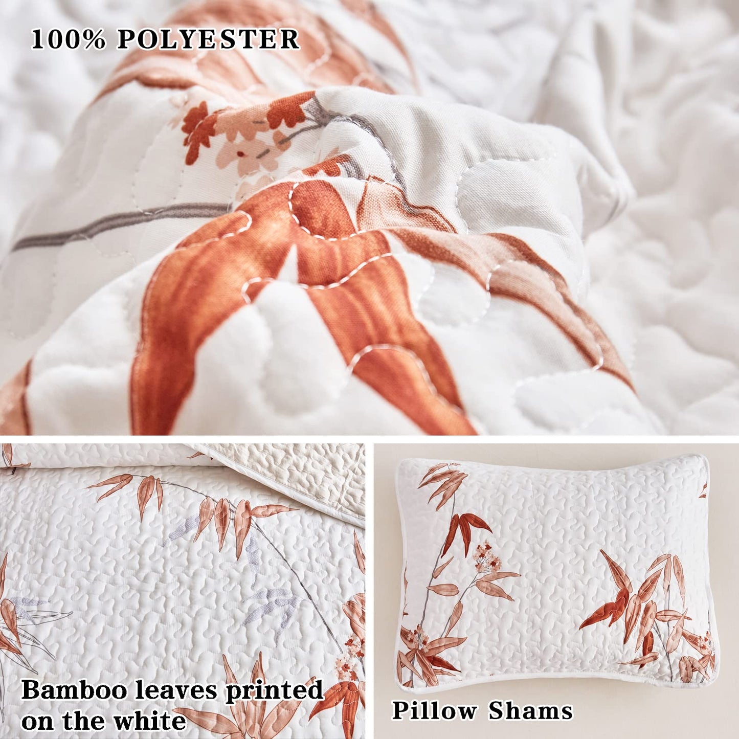 Botanical Quilt Set 3 Pieces King, Burnt Orange Leaves on White Design Reversible Bedspread Coverlet Set, Soft Microfiber Lightweight Bed Cover for All Season (102" x 90", 1 Quilt+ 2 Pillow Shams)