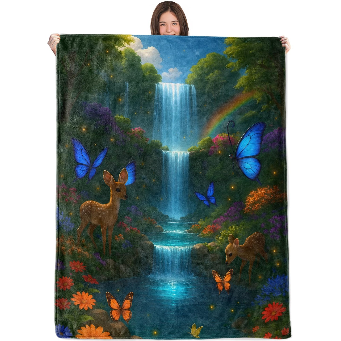 WKEDIN Magical Deer and Butterfly Blanket,50x60in,Cozy Flannel Throw with Enchanted Waterfall Forest Rainbow Design,Soft Lightweight Gifts Blankets for Kids,Sofa Bed Travel Whimsical Decor