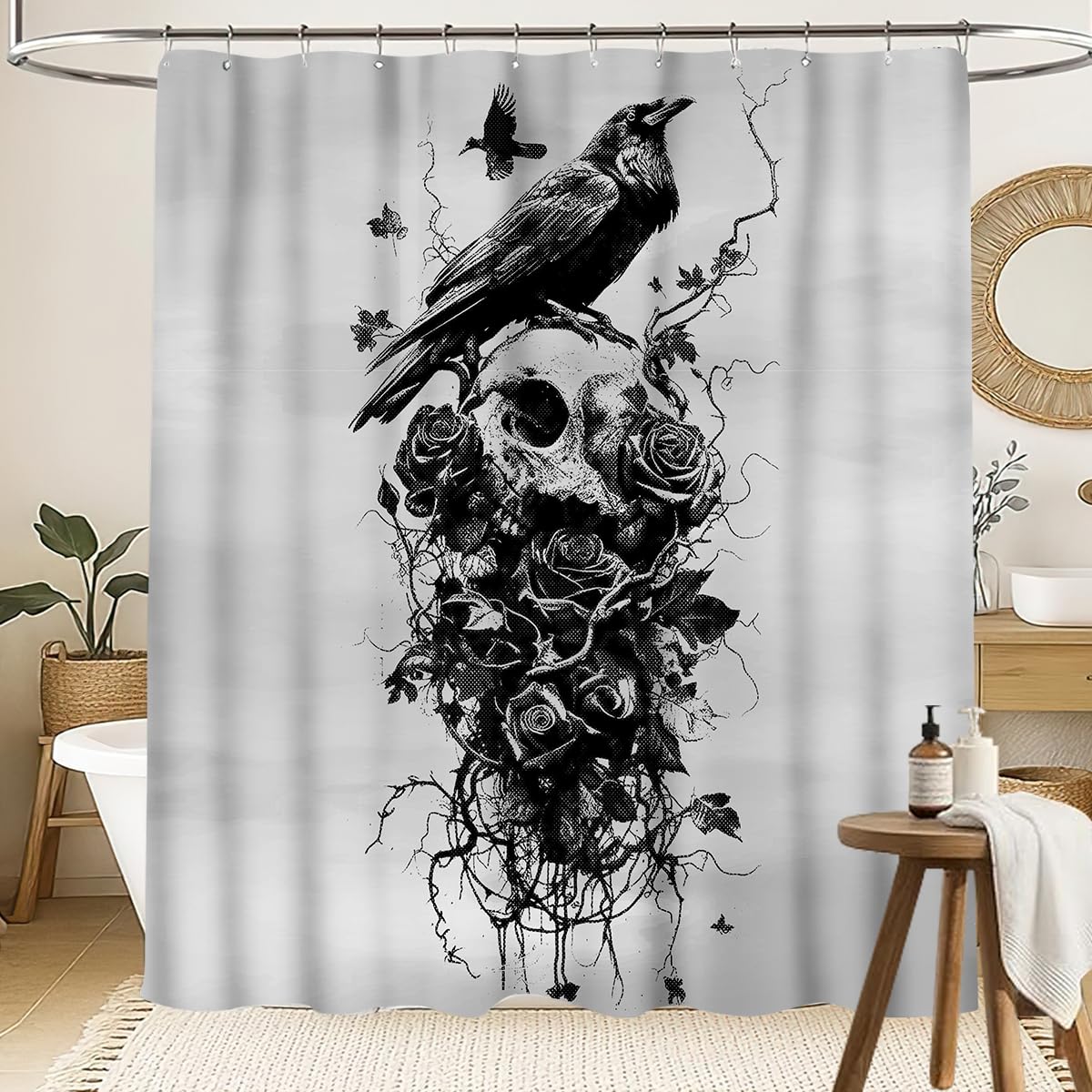 Drapeloft Skull Shower Curtain, Gothic Crow Rose Botanical Floral Mysterious Aesthetics Art Print Waterproof Fabric Bathroom Curtain with Hooks, 72"x72" Inch