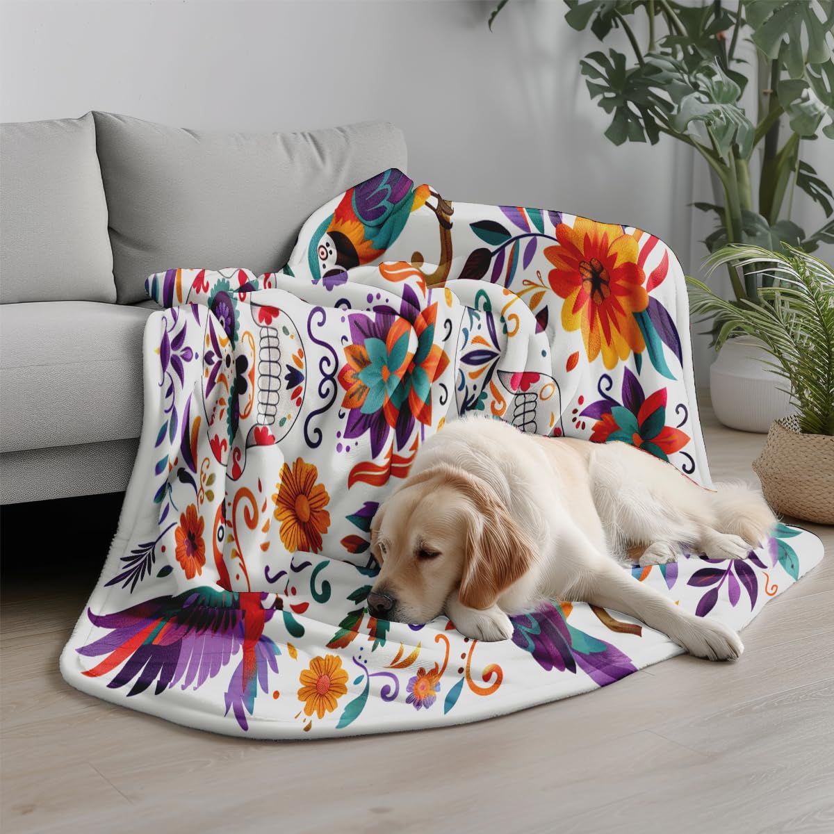 YWZDS Sugar Skull Fleece Blanket, Day of The Dead Design with Parrots and Flowers, Colorful Mexican Folk Art Theme, Halloween Blankets Fuzzy Gifts for Sofa Couch Bedroom (30 x 40 inch)