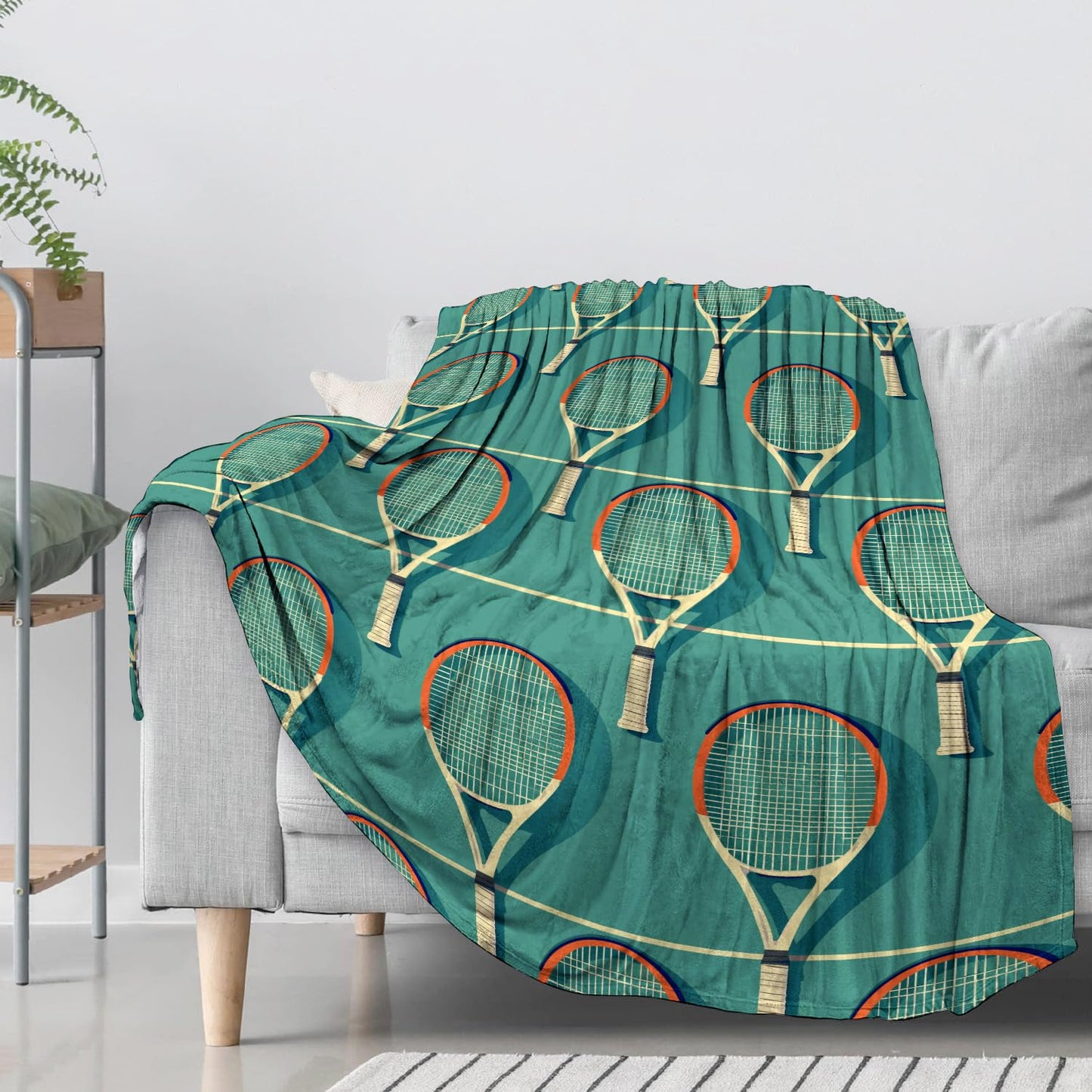 CUEBOS Tennis Flannel Throw Blanket 50x60 Inch, Retro Ball Racket Sport on Green Court Background Blankets Soft Cozy Fleece Throws for Athletic Lover Bed Sofa Dorm Living Room Home Decor Gifts