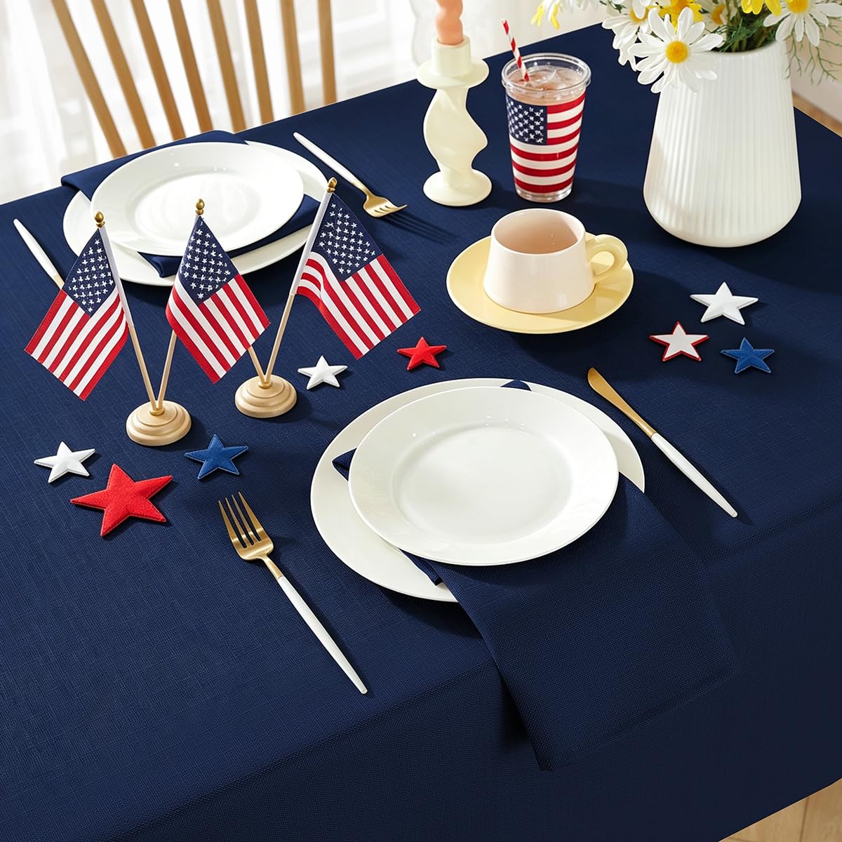 Faux Linen Tablecloth Rectangle Waterproof Washable Natural Textured Fabric Table Cloths, Heavy Weight Table Cover for Dining, Party, Holiday, Indoor, Outdoor (60 x 102 Inch Rectangular, Navy Blue)