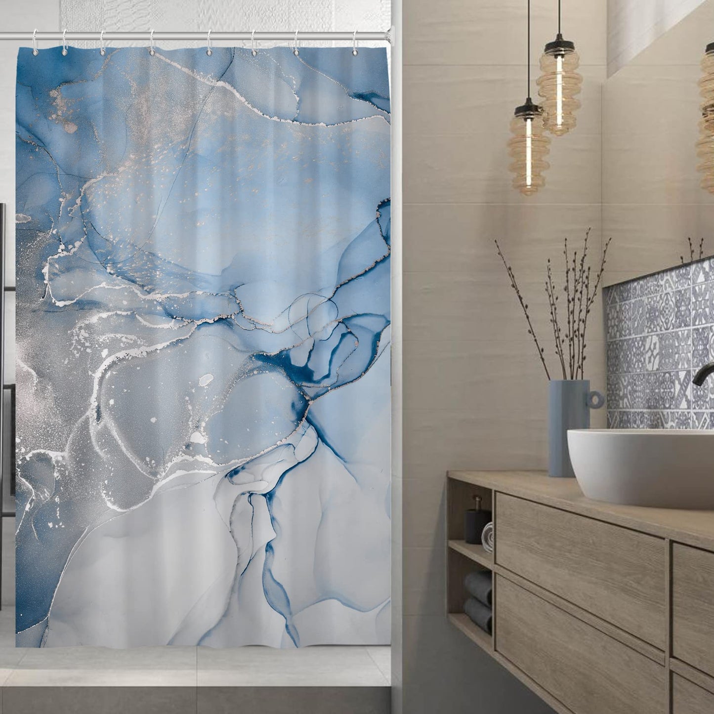 AWERT Blue Marble Shower Curtain for Bathroom Modern Blue White Marble Ink Shower Curtain with Hooks Washable Bathroom Accessories Bathtub Decor 48x72inch
