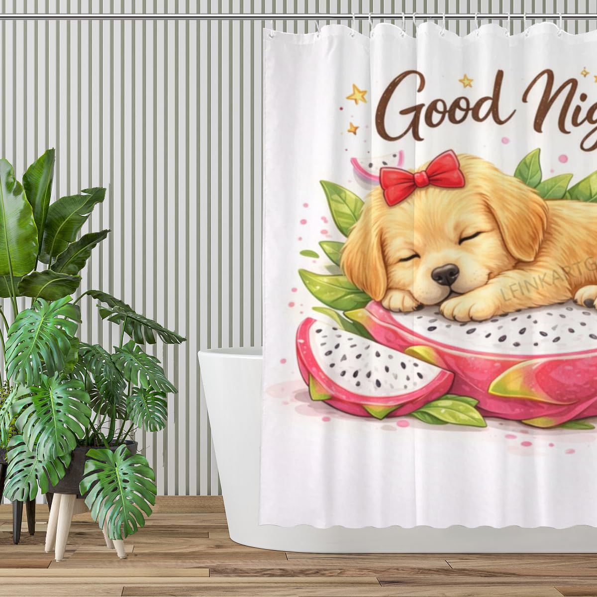 LFINKARTGOGO Cute Golden Retriever Shower Curtain Cartoon Dog Good Night 72x72 with 12 Hooks Bathroom Decor Waterproof Washable Polyester for Home Bathroom