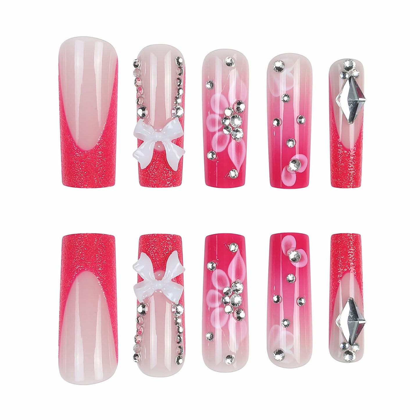 MISUD Press on Nails - Long Square Glue on Nails with Hot Pink, Acrylic Bling Glitter Rhinestone Design 24 pcs