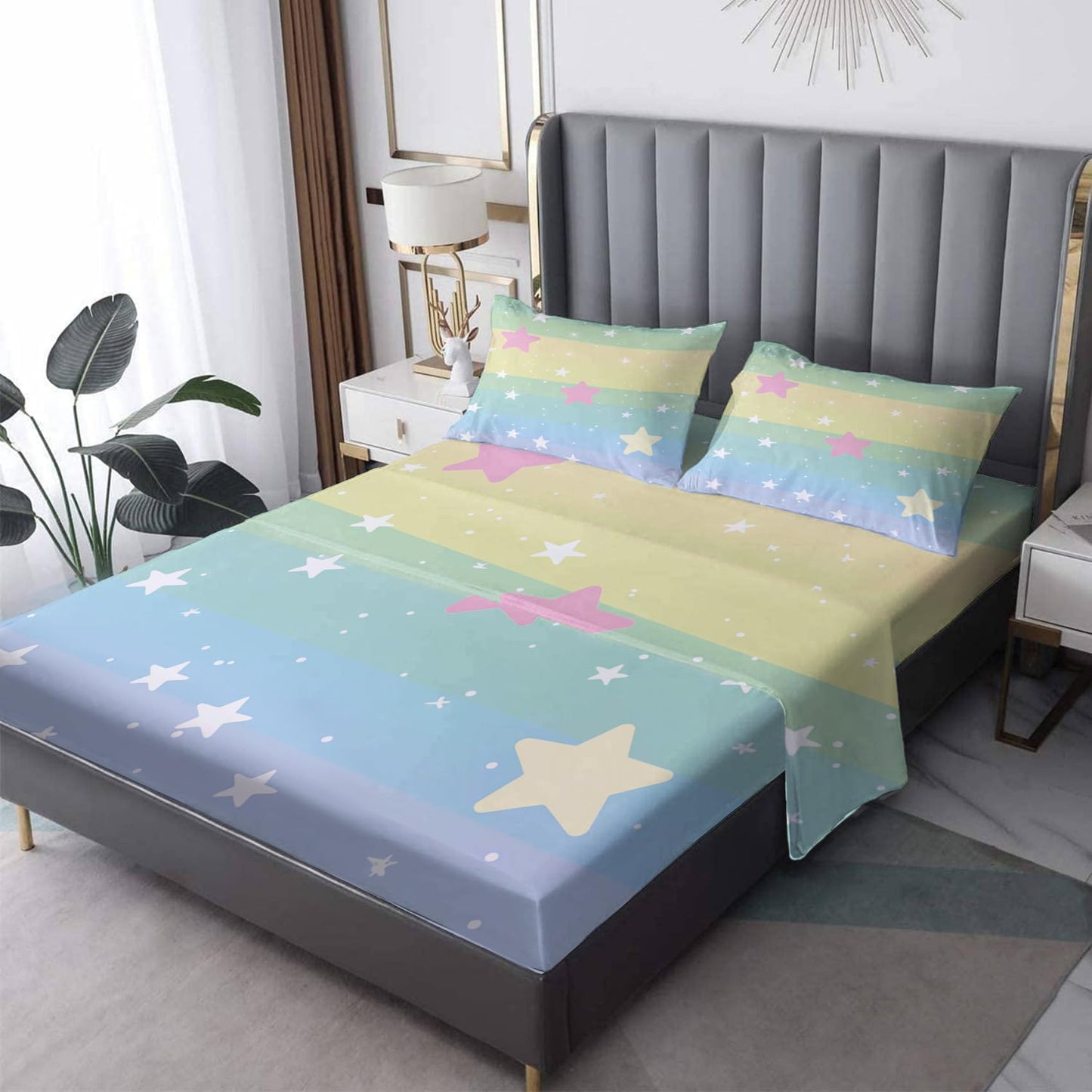 NOGAWA Star Sheets Cal King, Kids Girls Cartoon Bed Sheets, Deep Pocket & Soft Microfiber Bedding Sheets & Pillowcases 4 Piece - Fitted Sheet & Flat Sheet & 2 Pillow Cases