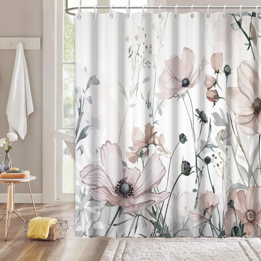 Ruelvth Grey Floral Shower Curtain, Spring Watercolor Wildflower Shower Curtain Set Waterproof Modern Farmhouse Bathroom Decor with Hooks, 72x72 Inch