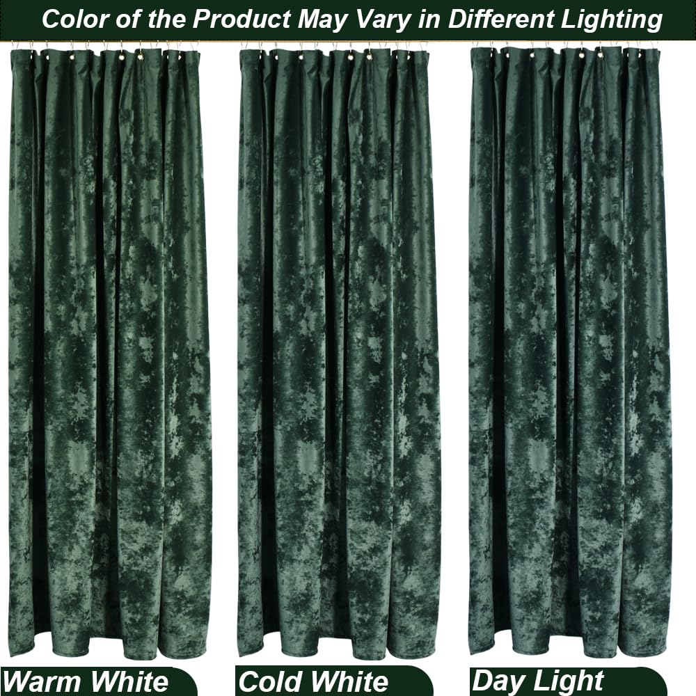 TAMGHO Crushed Velvet Shower Curtain, Dark Green Luxury Shower Curtain with Gold Decro Metal Hooks, Machine Washable Thick Fabric Bathroom Curtain, 72x72