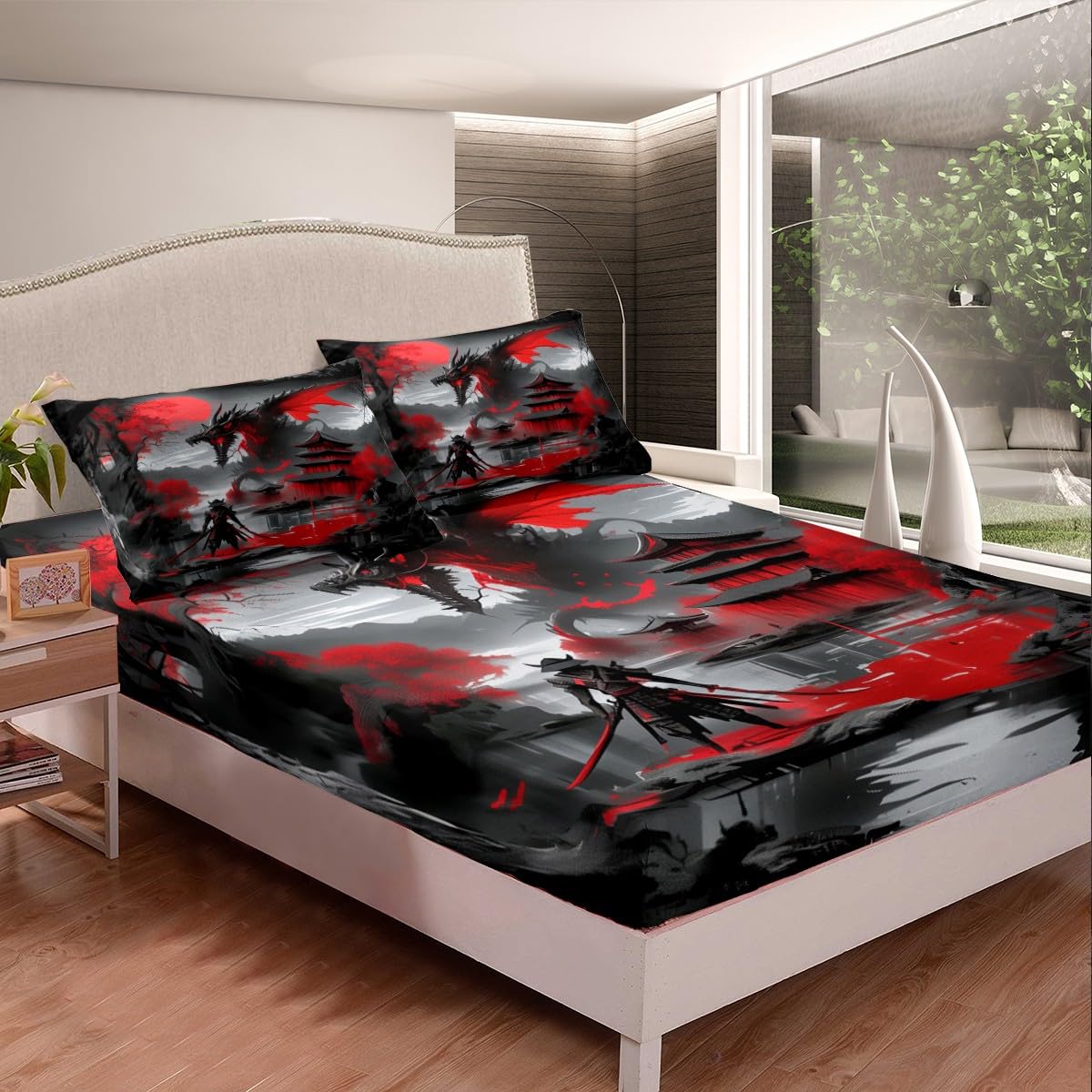 Erosebridal Japanese Style Full Bed Set Dragon Bed Sheets Set Magical Animals Flat Fitted Sheet Western Wildlife Theme Bedding Set for Boys Kids Adult Bedroom, with 2 Pillow Cases