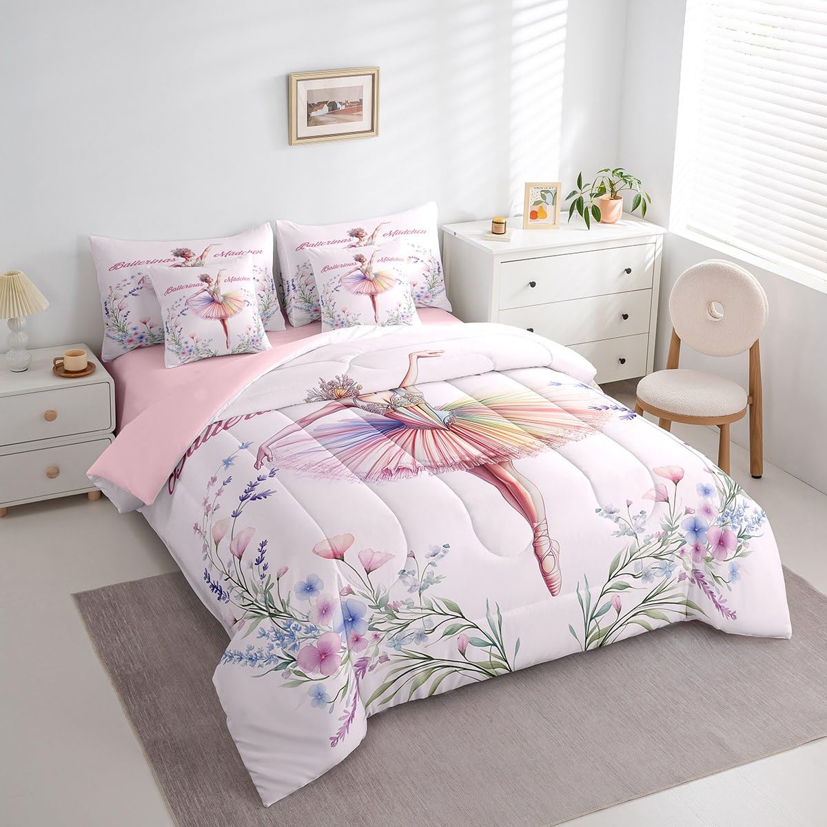 jejeloiu Love Gymnastics Bed Set Dancer 7 Pieces Bedding Set for Kids Groovy Flower Bed in a Bag with Comforter, Sheets, Pillowcases Ultra Soft Ballet All Season Breathable Lightweight Twin Size
