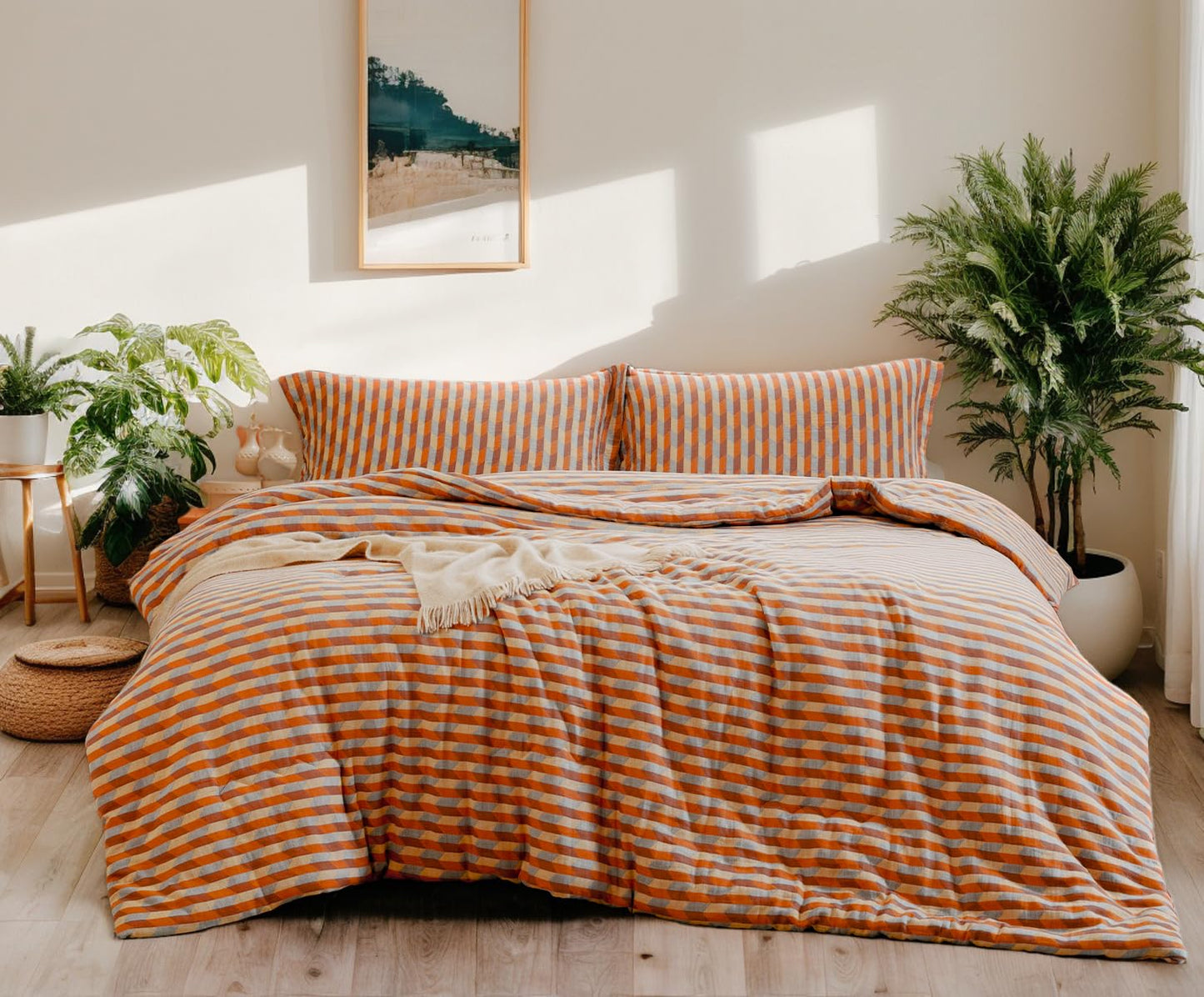 SLEEPBELLA Washed Double Layer Muslin 100% Cotton Comforter Set Queen Size, Orange & Blue Diamond Boho Pattern Fluffy Thick Checked Bedding Set, Soft Breathable (1 Comforter, 2 Pillow Shams)