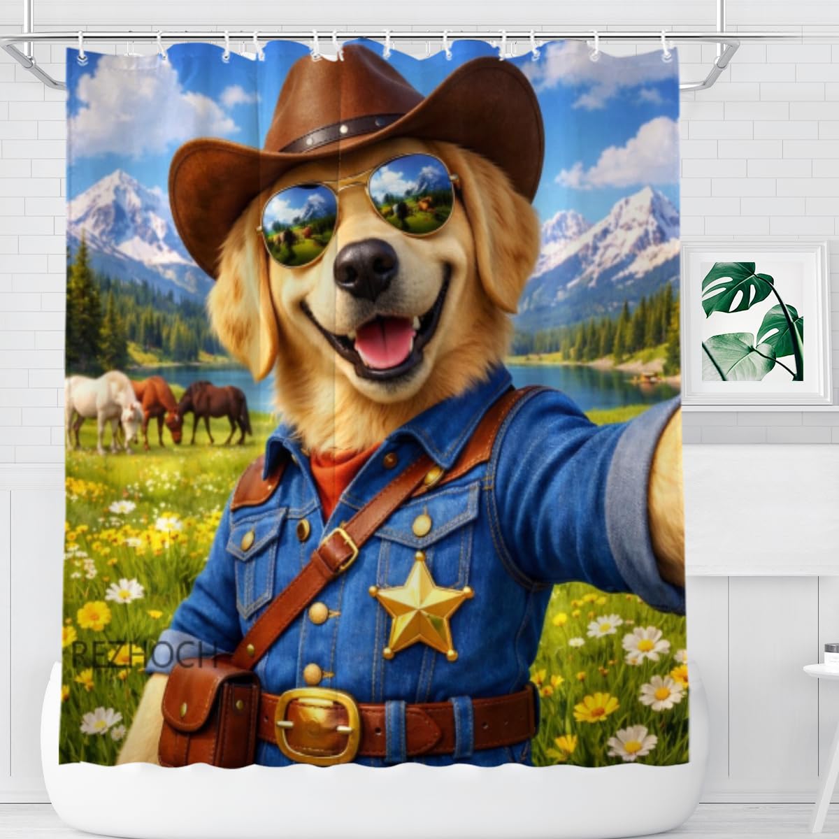 REZHOCH Western Dog Shower Curtain 72x72Inch,Funny Cowboy Golden Retriever Sunglasses Rustic Mountain Lake,Farm Country Animals Meadow,Waterproof Fabric Home Farmhouse Bathroom Decor