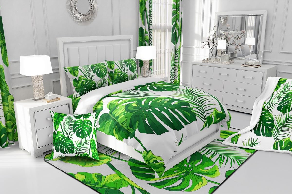Erosebridal Leaves Duvet Cover Queen Size for Kids Boys Girls,Decorative Luxury Palm Leaf Print Bedding Set Botanical Plant Green Soft Microfiber Tropical Comforter Cover with 2 Pillow Shams, Zipper