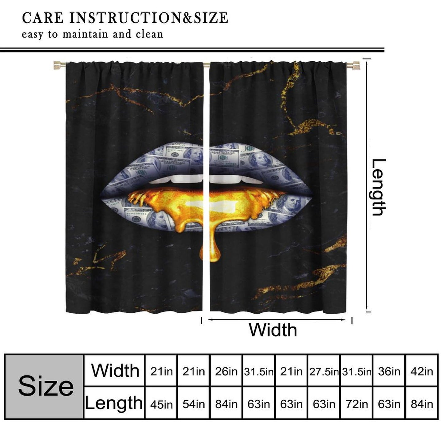 SENQIAN Abstract Money Lips Curtains Modern Marble Dollar Art Printed Rod Pocket Blackout Window Drapes for Living Room Bedroom Kitchen Cafe Decor W21xL45inx2 Decor