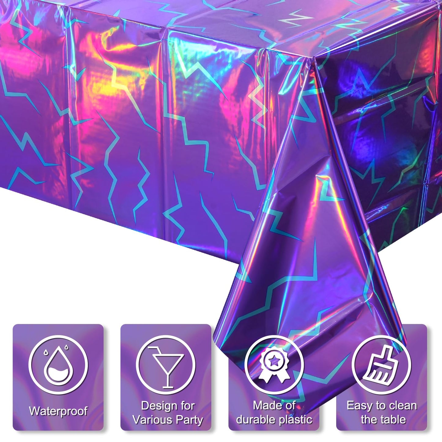 3 Pack Iridescent Purple and Blue Kpop Plastic Tablecloth 54x108 Inch, Holographic Laser Disposable Table Cover, Rectangle Purple and Blue Table Cloth for Kpop Halloween Birthday Party Decorations