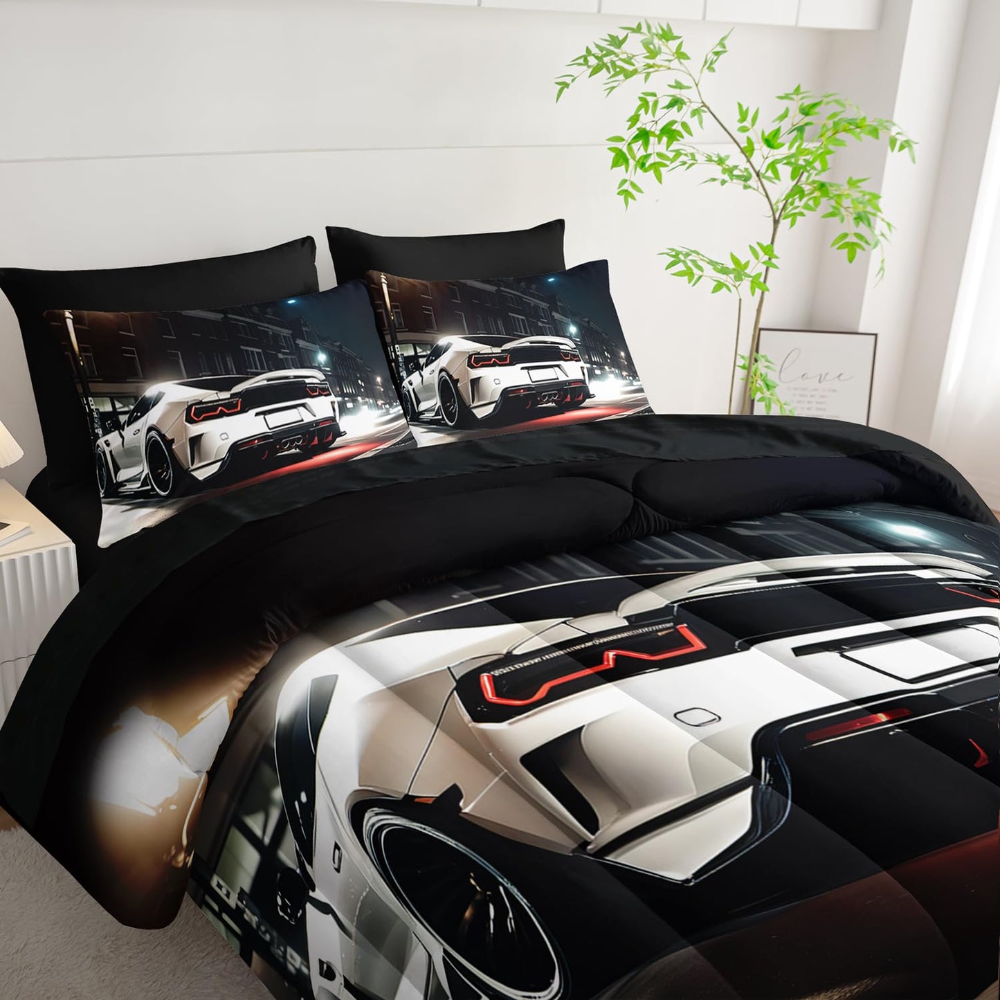Nttopship Sports Car Comforter Set Full Size 7PCS, White Racing Car Bedding Set 7 Piece in A Bag, Bed Sheet Set White Racing Car Decor, Microfiber Lightweight All Season